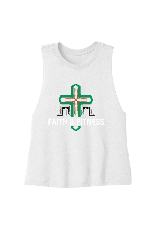 White tank top with a green and black cross design and 'Faith Fitness' text on a white background