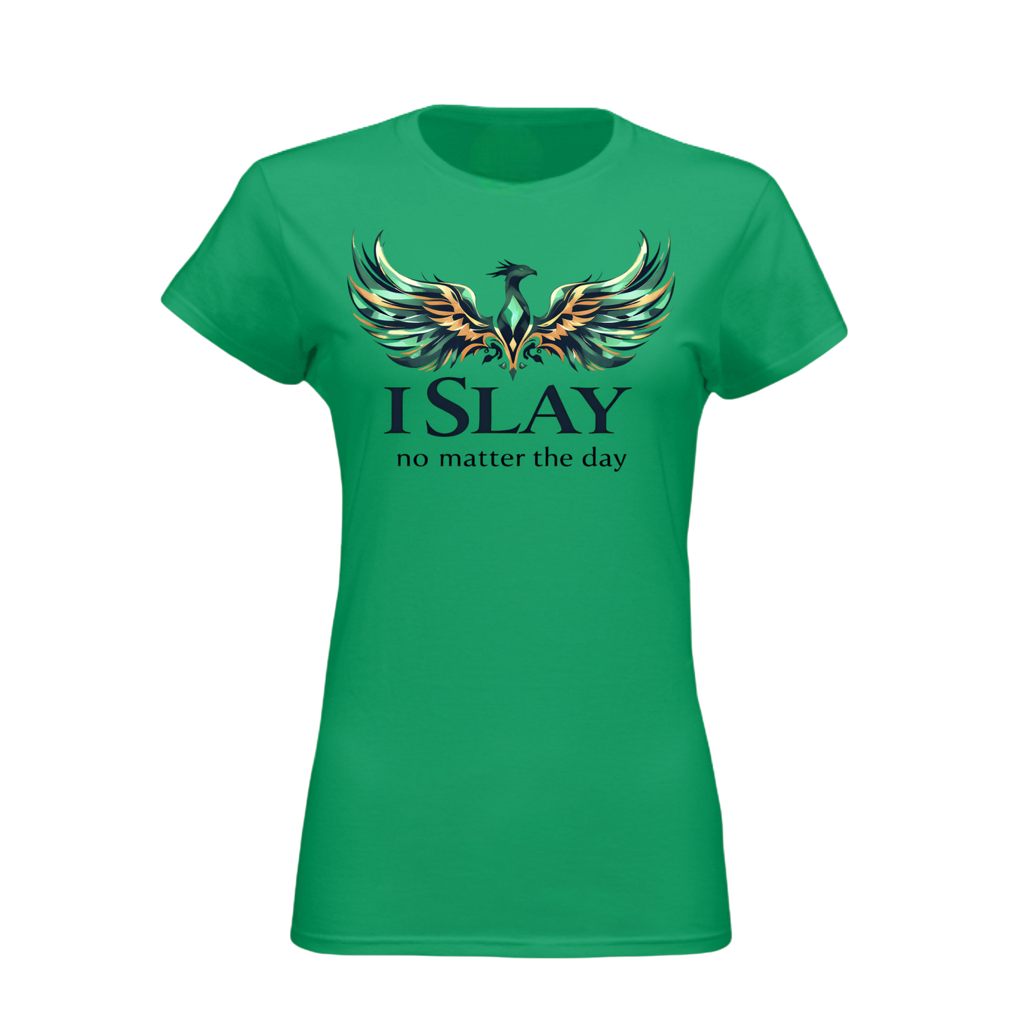 Green t-shirt with a phoenix design and text on a white background