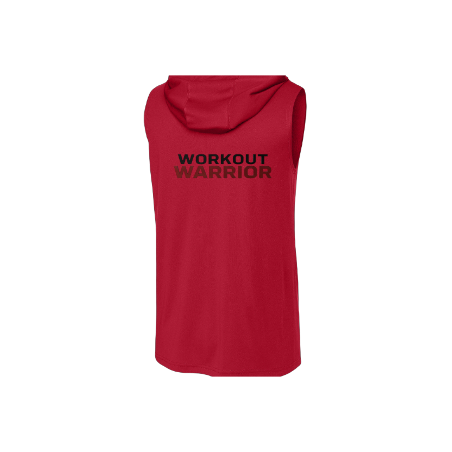 Red sleeveless hoodie with 'WORKOUT WARRIOR' text on a white background