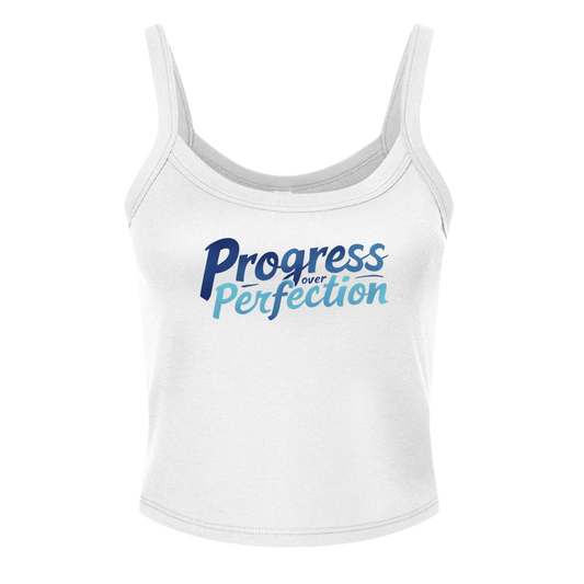White tank top with 'Progress Over Perfection' text on a white background