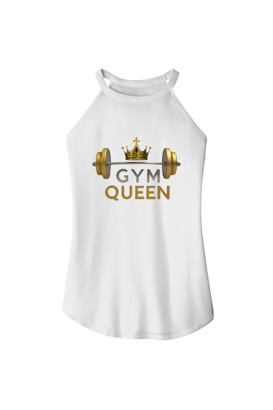 White tank top with 'Gym Queen' text and barbell graphic on a white background