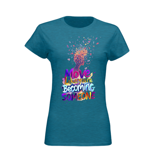 Blue t-shirt with colorful graphic and text on a white background