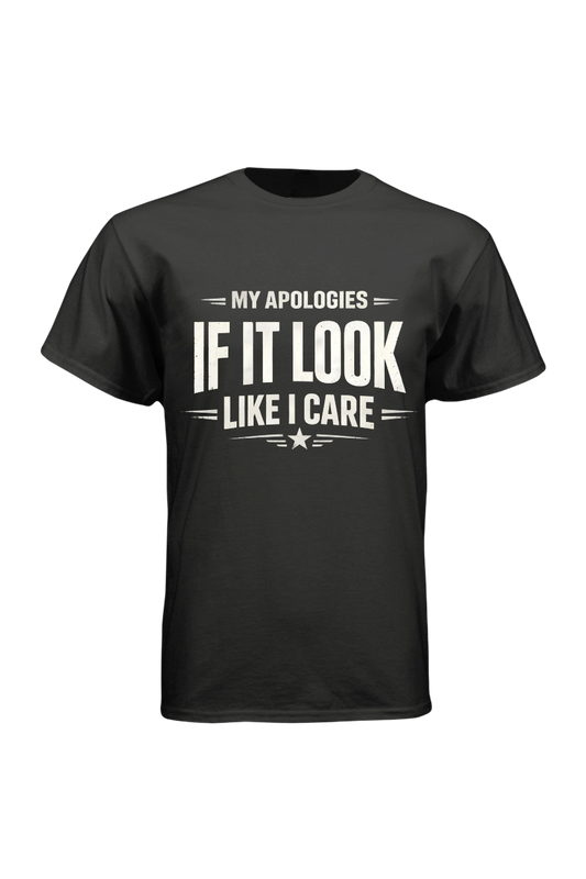 Black t-shirt with white text on a white background