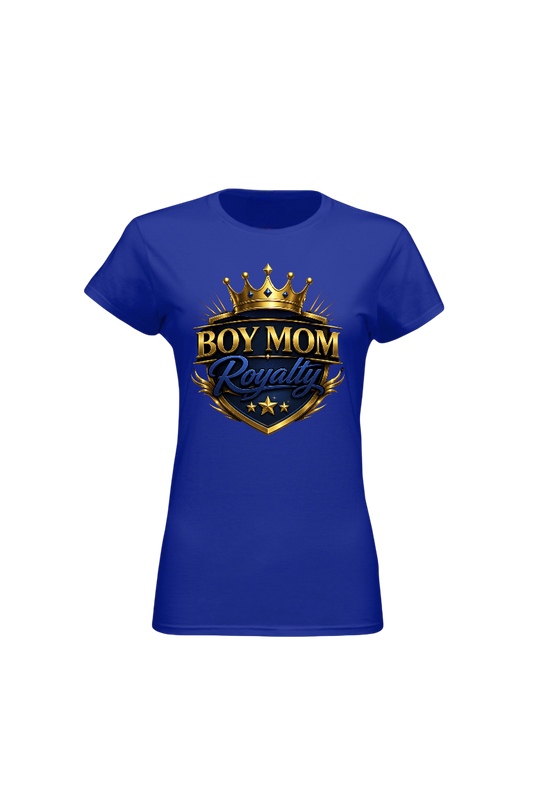 Blue t-shirt with 'Boy Mom Royalty' design on a white background
