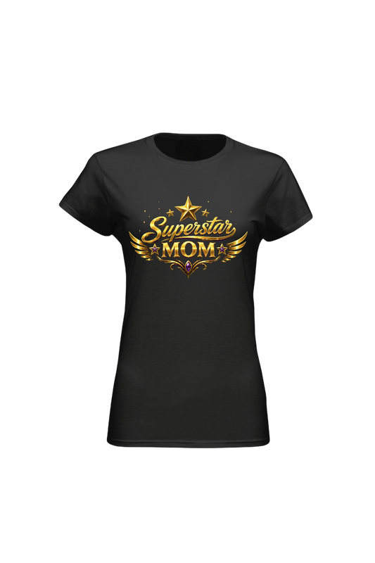 Black t-shirt with 'Superstar Mom' text and design on a white background