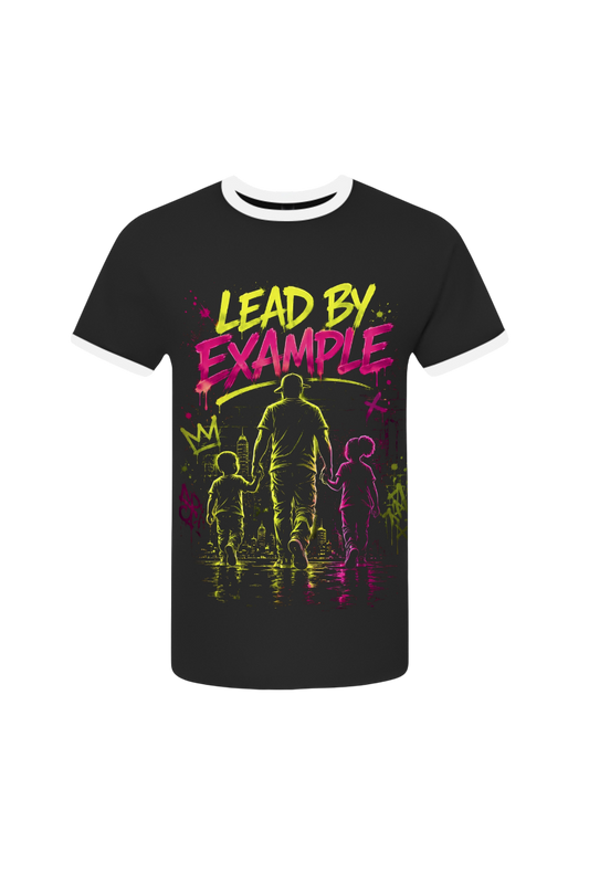 Black t-shirt with 'Lead by Example' graphic design on a white background