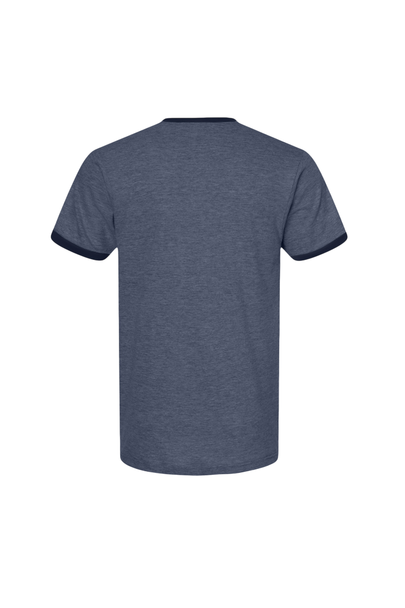 Blue t-shirt with dark trim on a white background