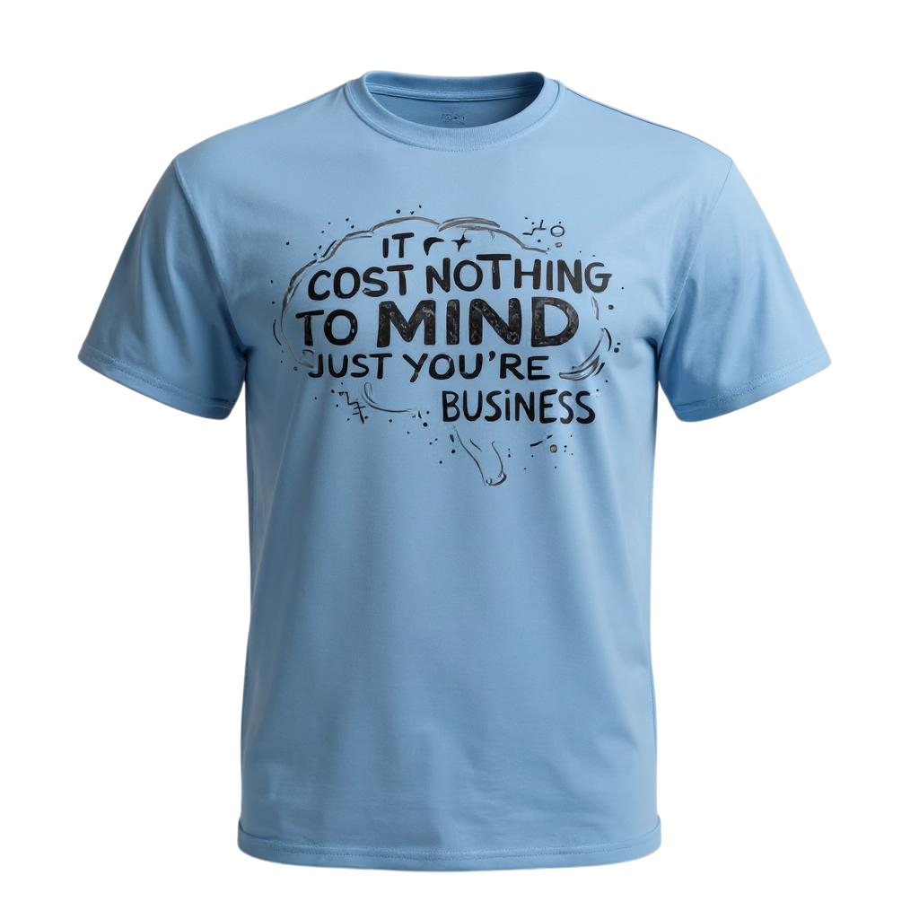 Light blue t-shirt with black text on a white background