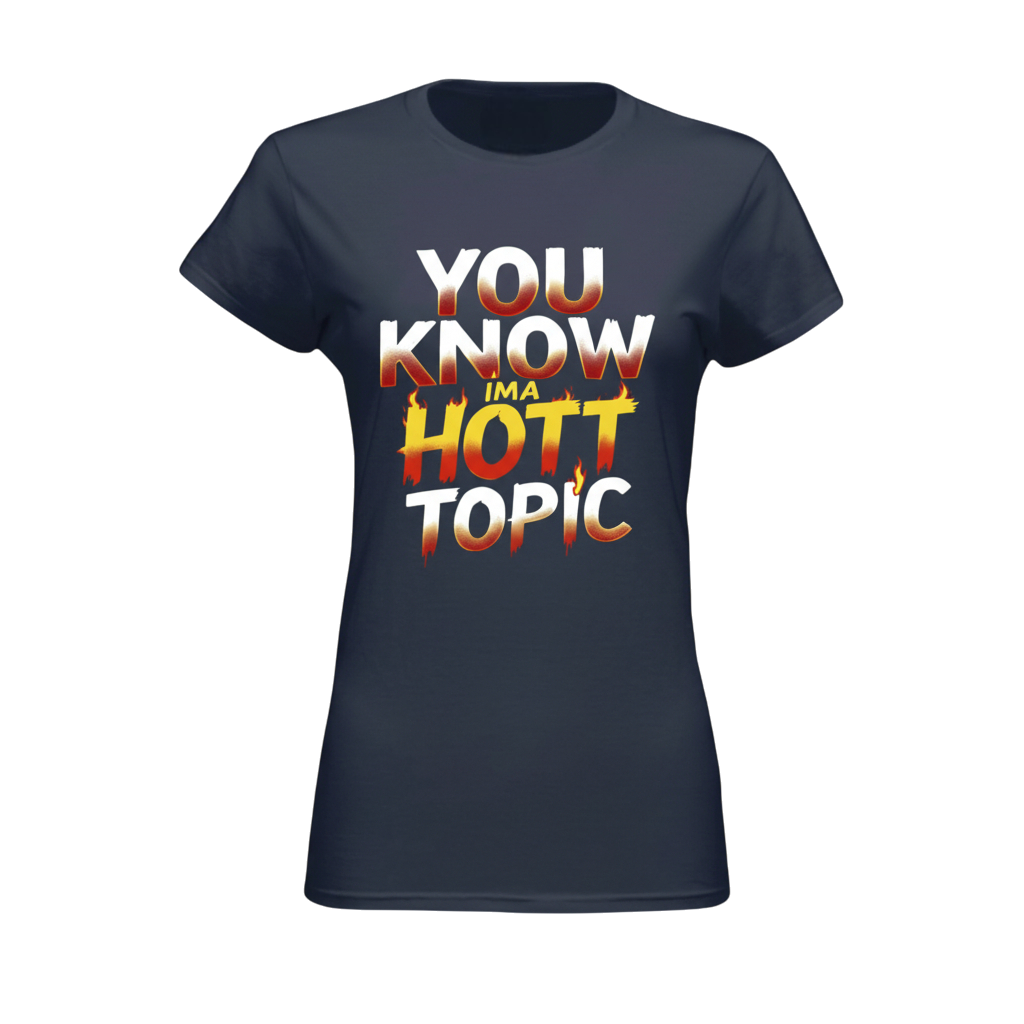 Navy blue t-shirt with colorful text design on a white background