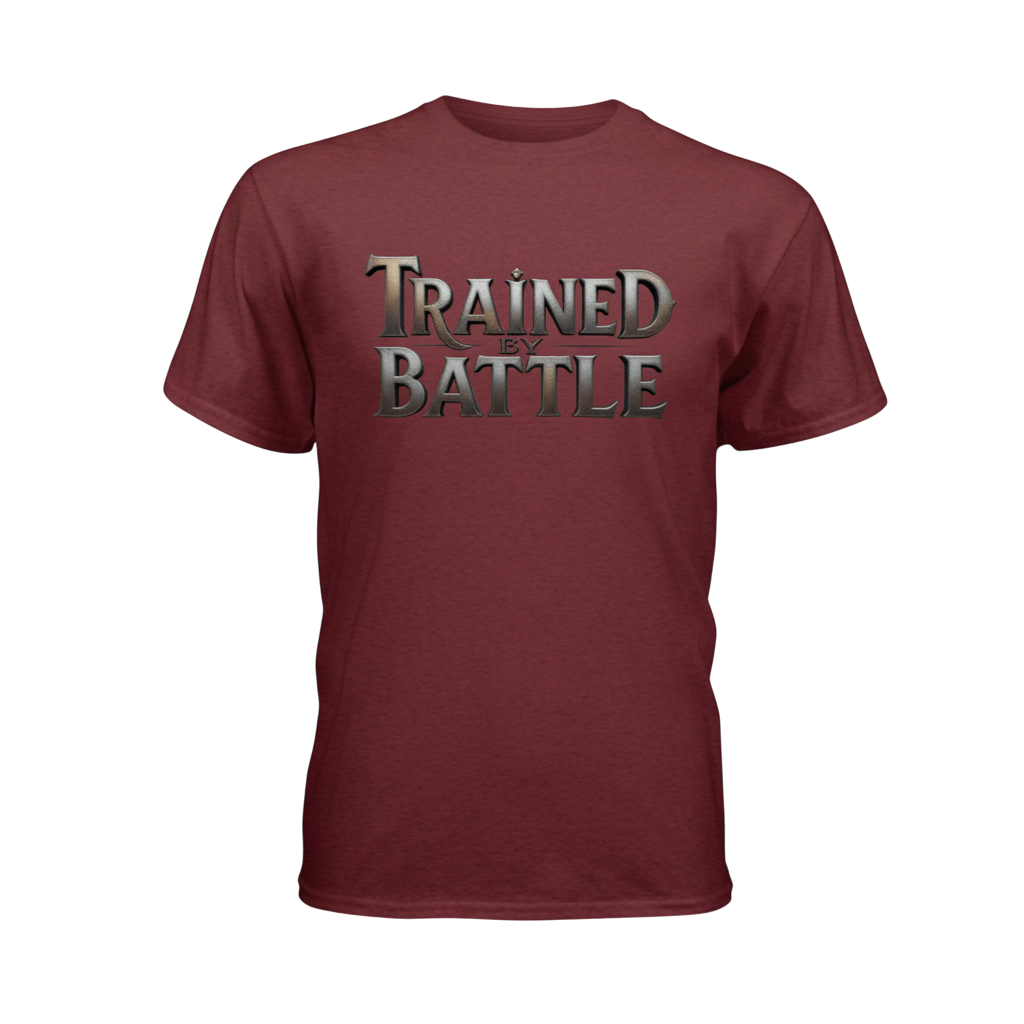Maroon t-shirt with 'Trained by Battle' text on a white background