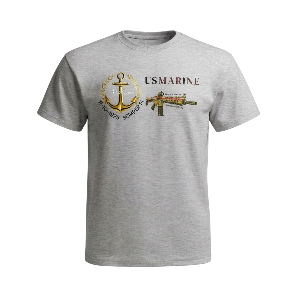 Gray t-shirt with US Marine Corps logo and rifle graphic on a white background