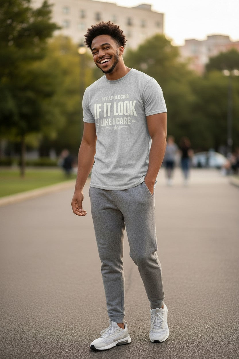 A man wearing a light gray graphic t-shirt and matching gray jogger sweatpants stands on a paved path in a park, smiling. The t-shirt features the text 'IF IT LOOK LIKE I CARE'.