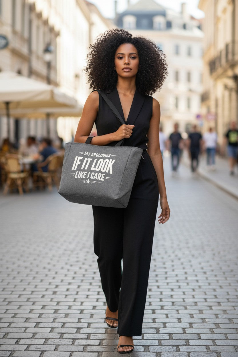 A woman walking down a cobblestone street carrying a large gray tote bag with the text 'MY EXHIBITORS IF IT LOOK LIKE I CARE' in white lettering.