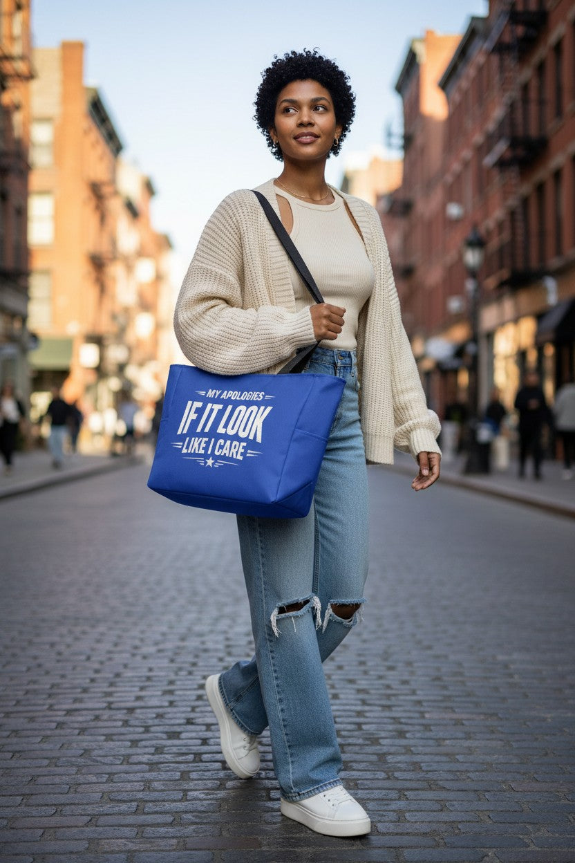 A woman walking down a city street carrying a bright blue tote bag with white text that reads 'IF IT LOOK LIKE I CARE'. She is wearing a cream cardigan, light blue ripped jeans, and white sneakers.
