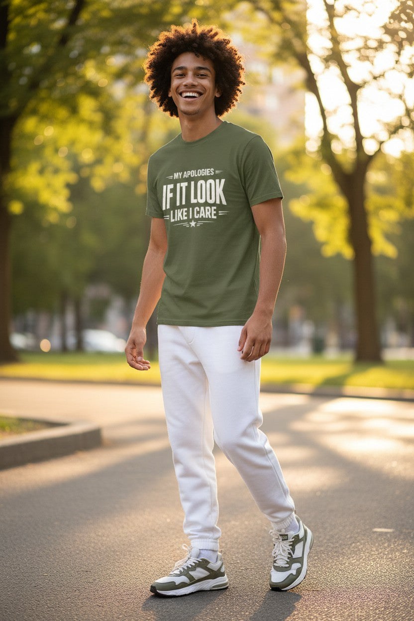 A man wearing an olive green graphic t-shirt with white text that reads 'IF IT LOOK LIKE I CARE' and white sweatpants, standing on a sunlit park path.