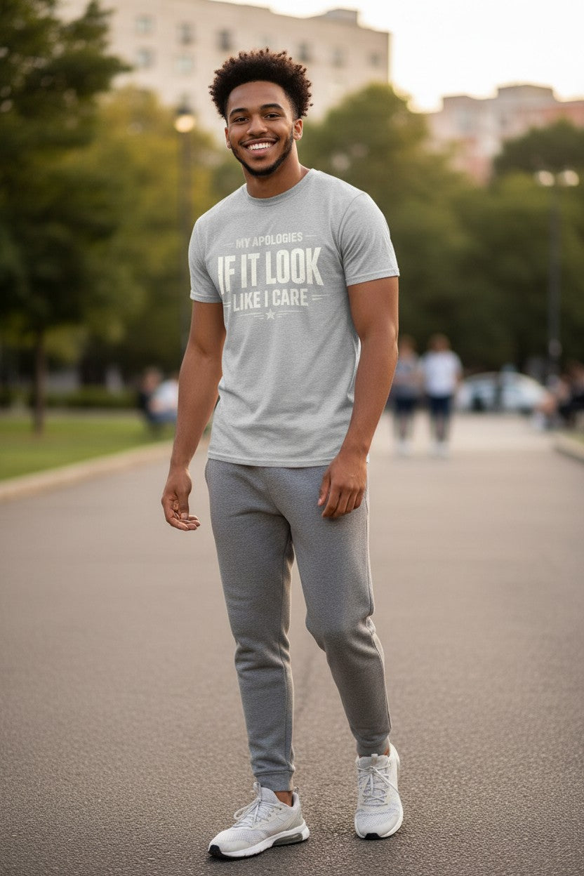 A man wearing a light gray graphic t-shirt and matching gray sweatpants stands on a paved path in a park, smiling at the camera.