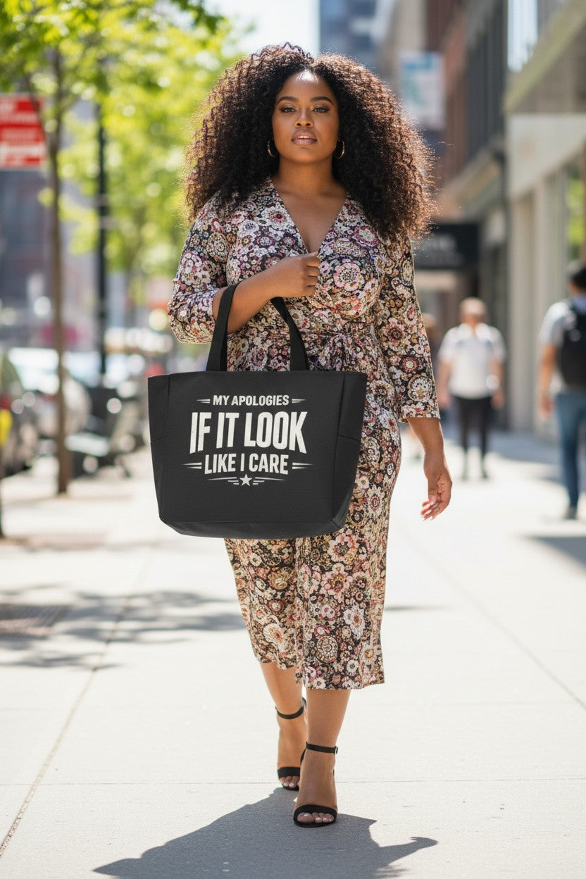 A woman walking on a city sidewalk carrying a large black tote bag with white text that reads 'MY APOLOGIES IF IT LOOK LIKE I CARE'. She is wearing a floral print midi dress and black heeled sandals.