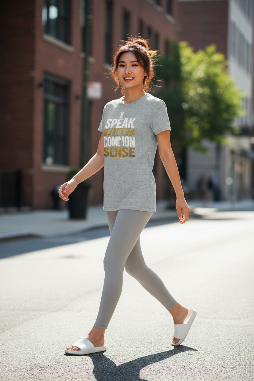 A woman walking on a city street wearing a light gray graphic t-shirt with the text 'I SPEAK COMMON SENSE' in white and gold, paired with matching light gray leggings and white slide sandals.