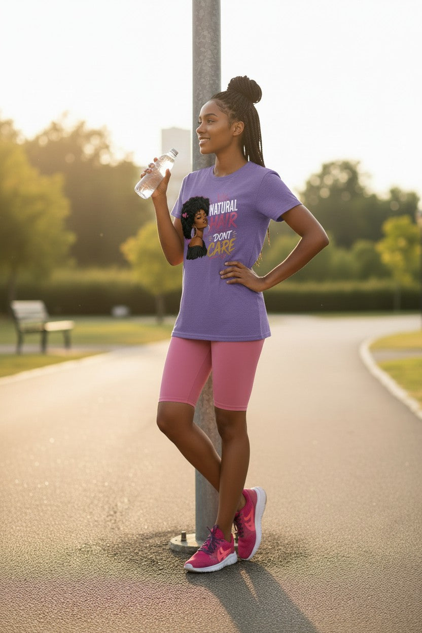A woman in a purple graphic t-shirt and pink athletic shorts leans against a pole on a park path, holding a water bottle. The t-shirt features a graphic of a Black woman with the text 'MUTUAL SUPPORT DON'T FORGET'.