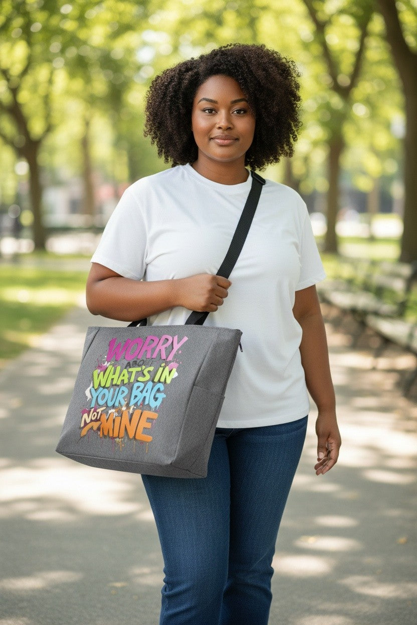 A woman with curly dark hair stands on a tree-lined path wearing a white t-shirt and blue jeans, carrying a gray tote bag with colorful text that reads 'SOCKRY WHAT'S IN YOUR BAG NOT ME'.