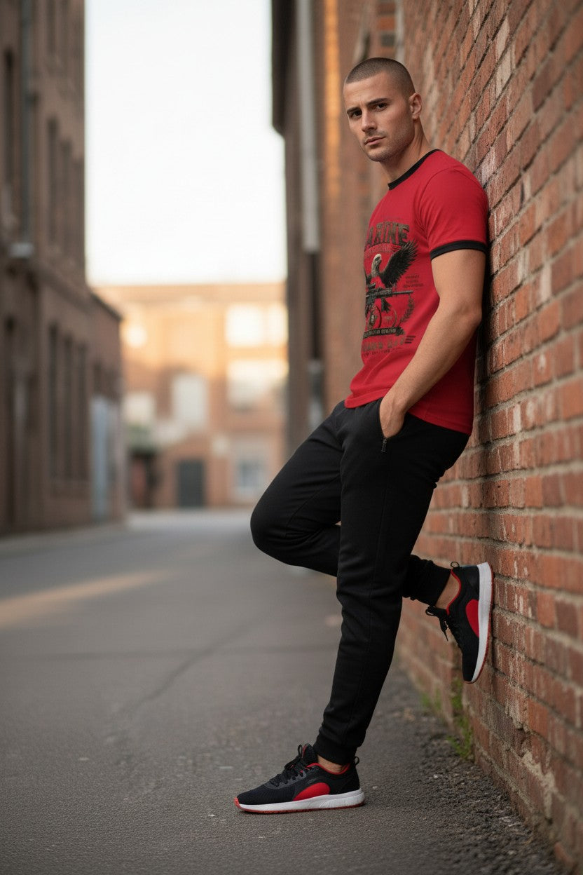 A man leans against a red brick wall in an urban alleyway, wearing a red short-sleeve t-shirt with black trim and a black graphic print, paired with black sweatpants and black sneakers with red and white accents.