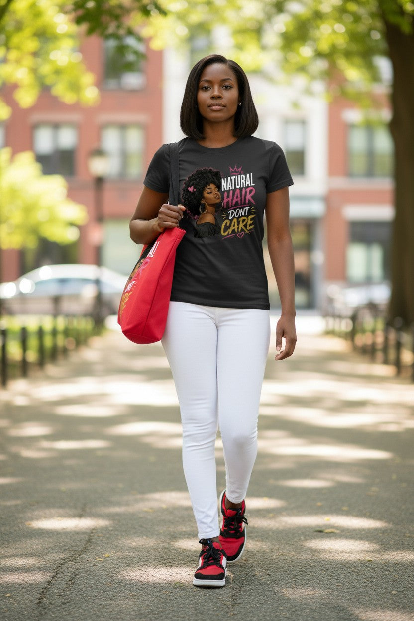 A woman walking down a tree-lined street wearing a black graphic t-shirt with the text 'THE NATURAL HAIR DON'T CARE' in pink and yellow, paired with white pants and red/black sneakers, while carrying a Chili red tote bag.