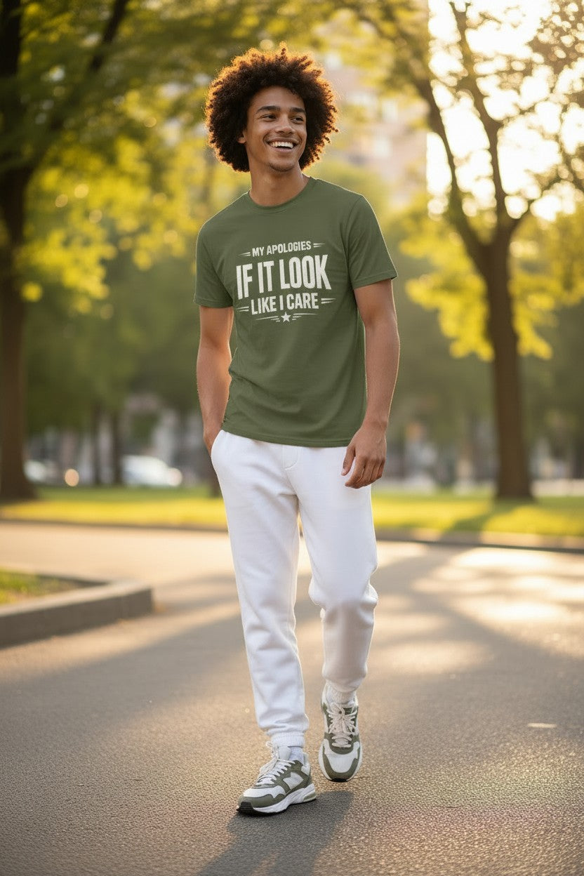 A man walking outdoors on a sunlit park path wearing an olive green graphic t-shirt with white text that reads 'IF IT LOOK LIKE I CARE' and white sweatpants.