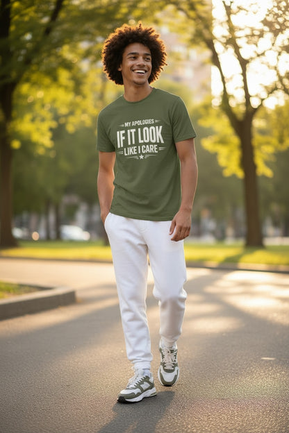 A man walking outdoors on a sunlit park path wearing an olive green graphic t-shirt with white text that reads 'IF IT LOOK LIKE I CARE' and white sweatpants.