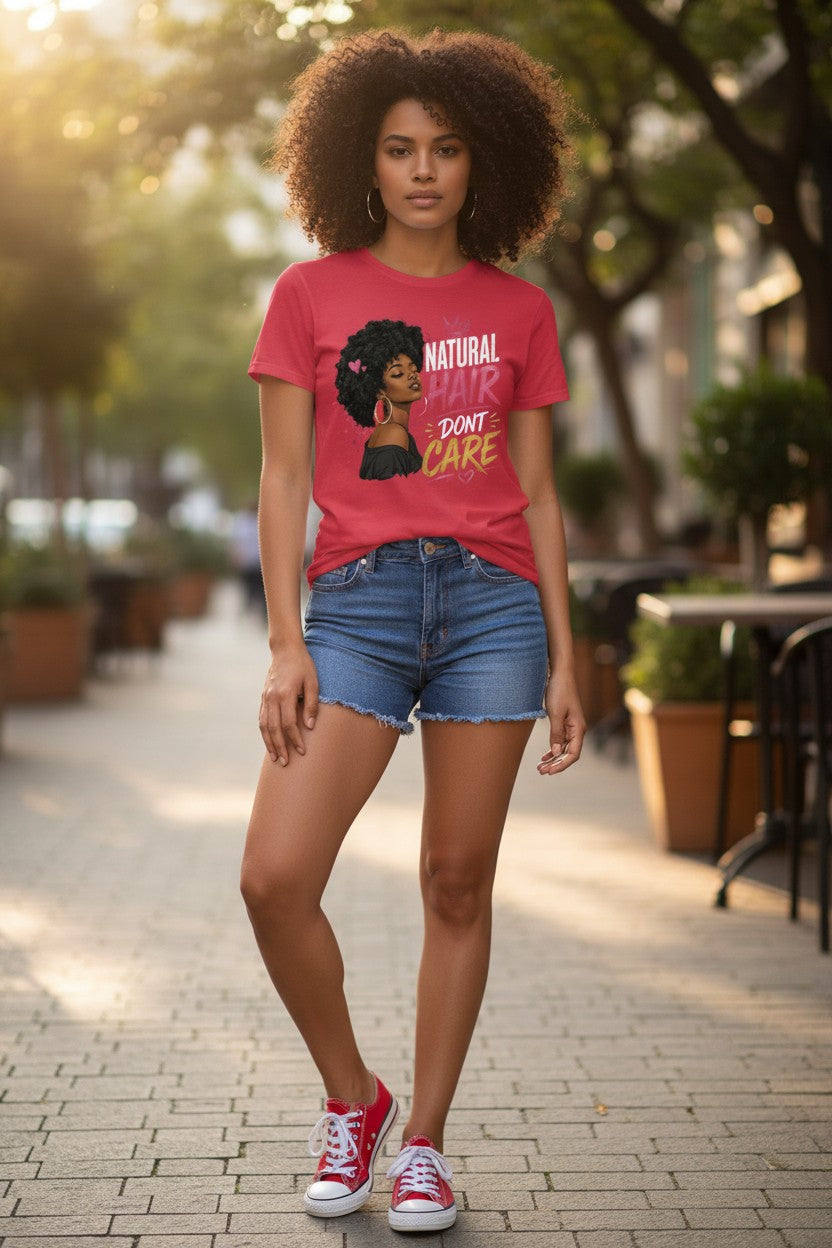 A woman stands on a sunlit outdoor walkway wearing a bright pink graphic T-shirt with the text 'Natural Hair Don't Care' and a stylized portrait, paired with denim shorts and red sneakers.