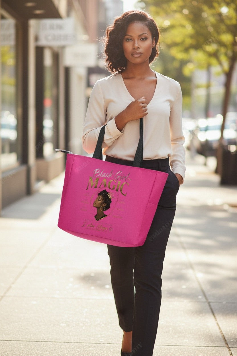 A woman walking on a city sidewalk carrying a large bright pink tote bag with black handles and a graphic print that reads 'Black Girl Magic' with a stylized portrait.