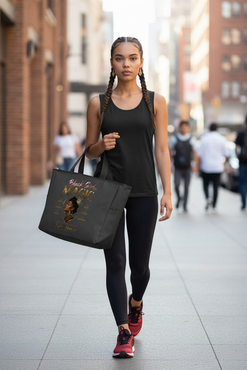 A woman walking down a city street carrying a black tote bag with a gold and white graphic print that reads 'Black Girls Night'. She is wearing a black tank top, black leggings, and red sneakers.
