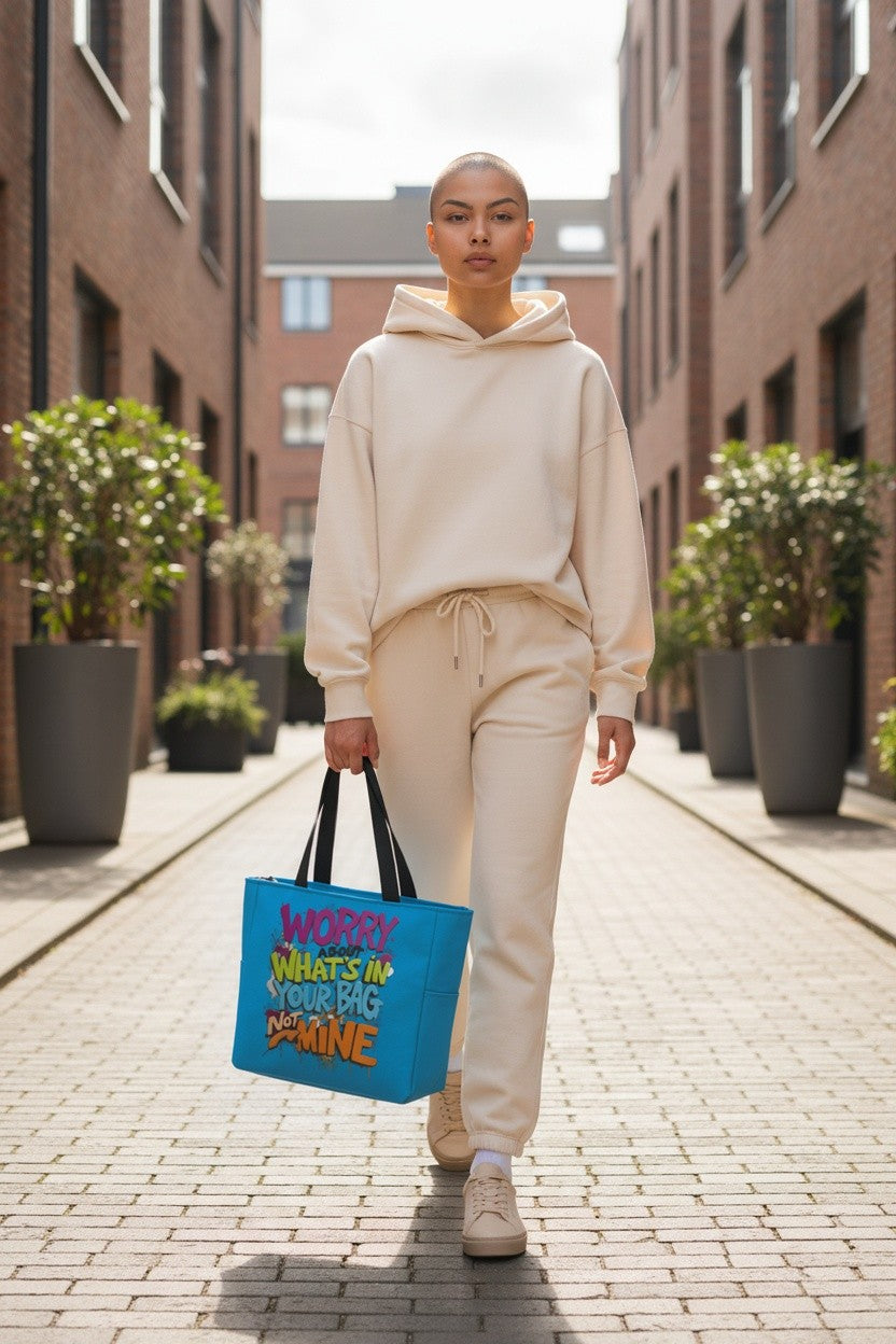 A woman walking down a brick alleyway carrying a bright blue tote bag with colorful text that reads 'WOW! WHAT'S IN YOUR BAG? ME!'. She is wearing a matching beige hoodie and jogger sweatpants.