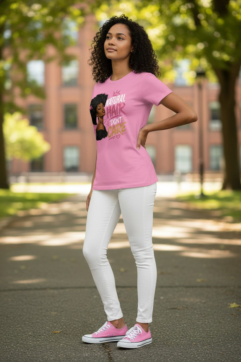 A woman stands outdoors on a paved path in front of trees and a brick building, wearing a pink graphic T-shirt, white pants, and pink sneakers. The T-shirt has a black-and-white portrait graphic with the words 'NOT NORMAL HAIR CAN'T BE NORMAL' in white and yellow text.
