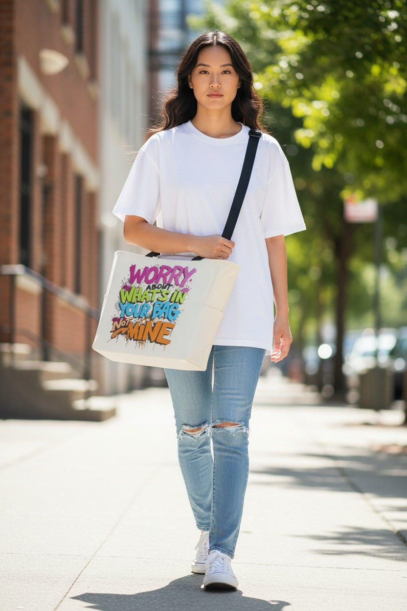 A woman walking on a sunny city sidewalk wearing a white t-shirt and ripped blue jeans, carrying a white canvas tote bag with colorful graffiti-style text that reads 'WORRY WHEN YOU'RE SHAME'.
