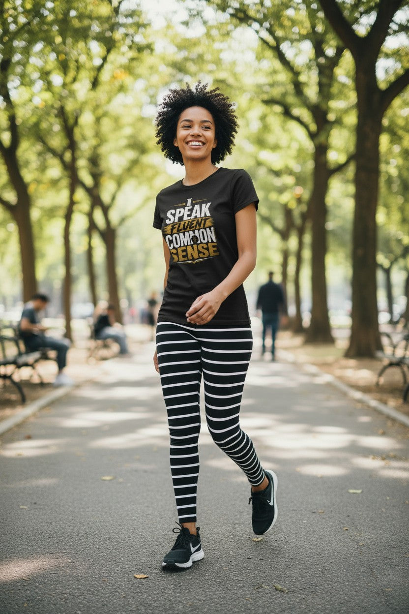A woman jogging in a tree-lined park path, wearing a black graphic t-shirt with the text 'SPEAK LIKE COMMON SENSE' in white and gold, paired with black and white horizontally striped leggings.