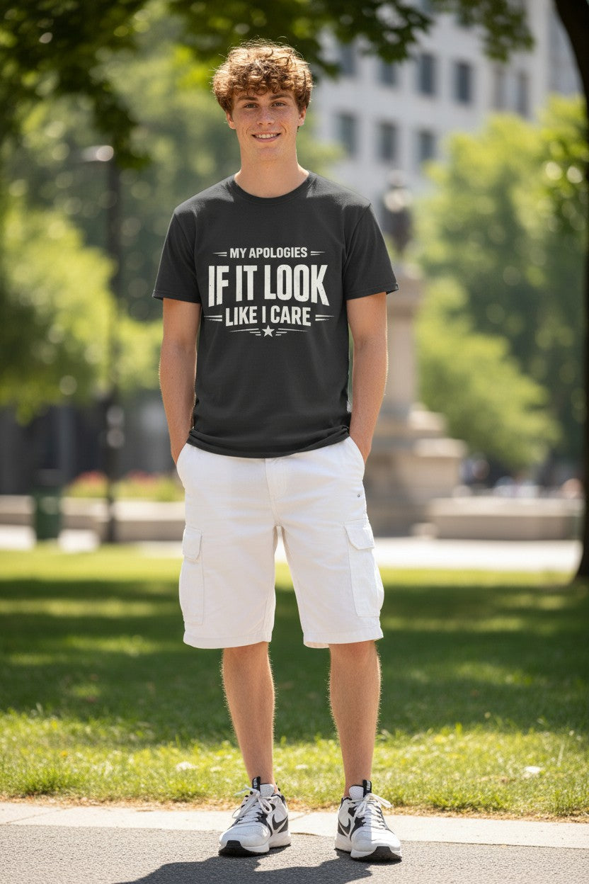 A young man standing outdoors in a park wearing a black graphic t-shirt with the text 'MY APOLOGIES IF IT LOOK LIKE I CARE' in white, paired with white cargo shorts and white sneakers.