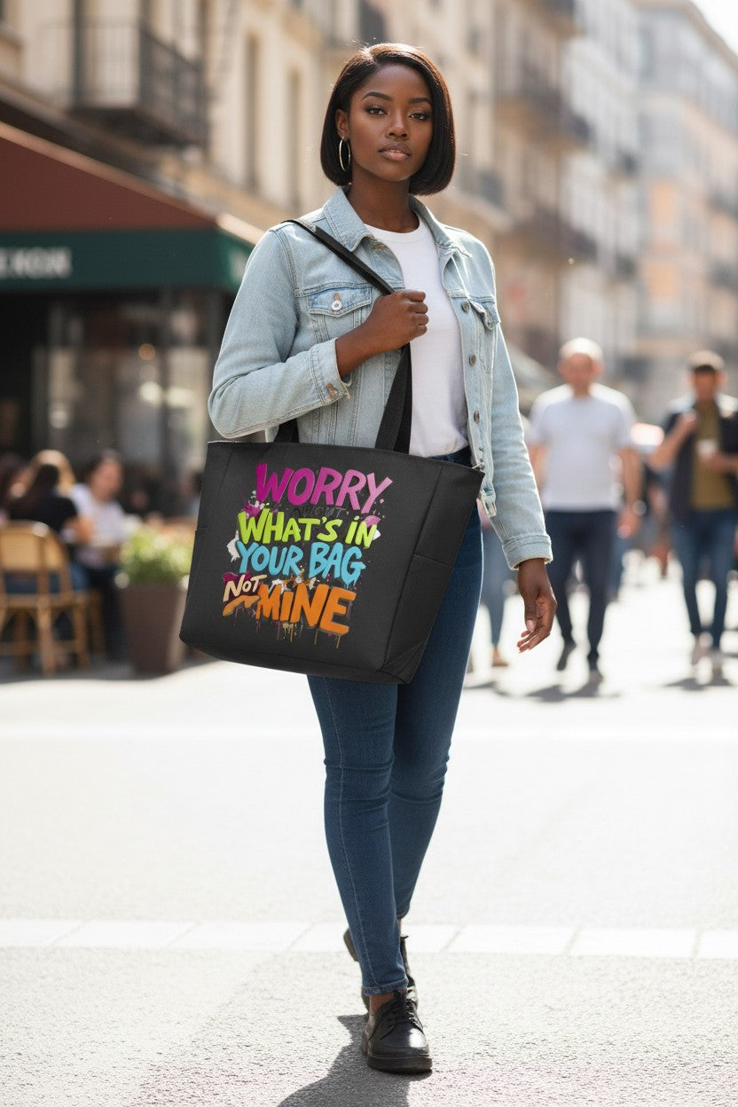 A woman walking on a city street carrying a black tote bag with colorful text that reads 'WORRY. WHAT'S IN YOUR BAG IS MY NINE.