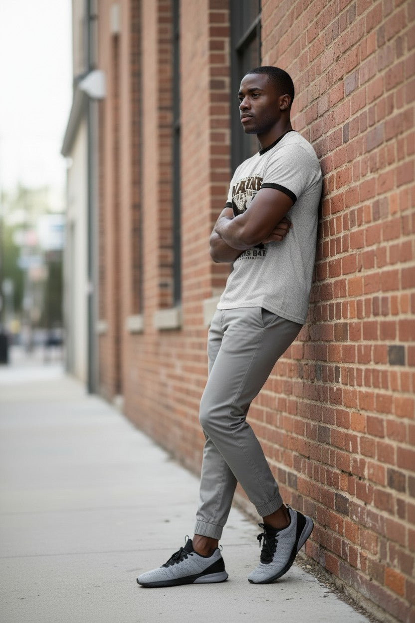 A man wearing a light gray graphic t-shirt, gray jogger pants, and gray and black sneakers leans against a red brick wall on a city sidewalk.