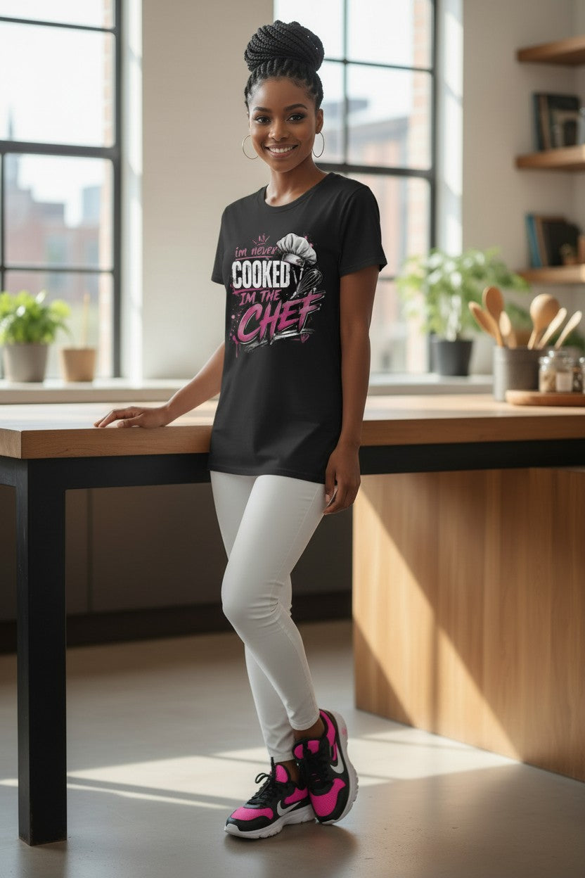 A woman stands in a bright kitchen setting wearing a black graphic T-shirt with the words 'COOKED BY THE CHEF' in white and pink, paired with white leggings and pink and black sneakers.
