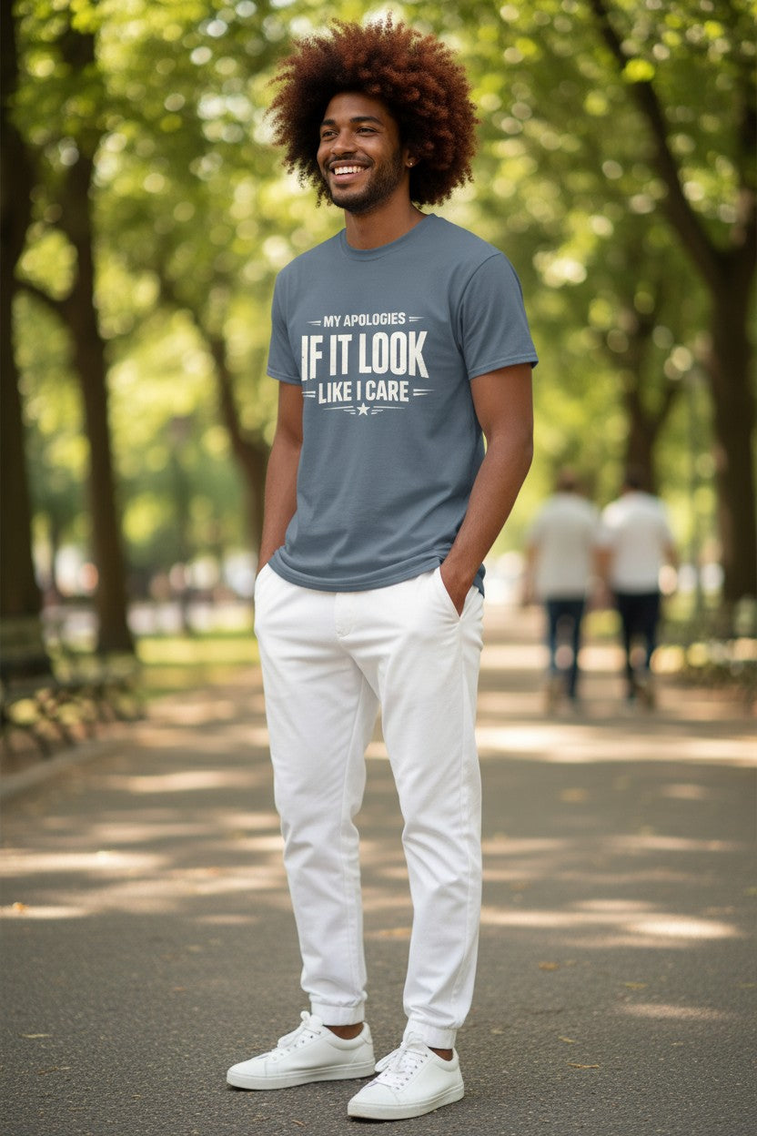 A man wearing a slate blue graphic t-shirt with the text 'IF IT LOOK LIKE I CARE' and white pants, standing on a tree-lined path in a park.