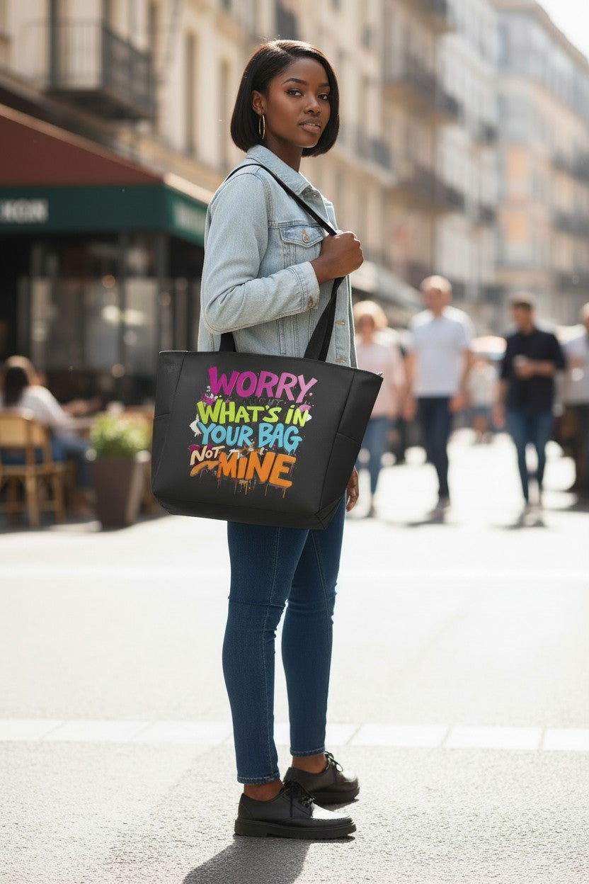 A woman standing on a city street holds a black tote bag with colorful text that reads 'WORRY WHATS IN YOUR BAG NOT IN MINE'.