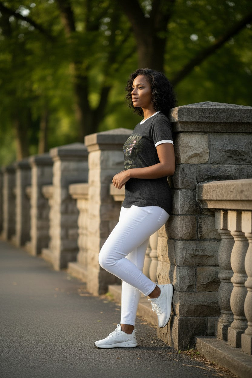 A woman leans against a stone balustrade wall outdoors, wearing a black graphic t-shirt with white trim, white pants, and white sneakers.