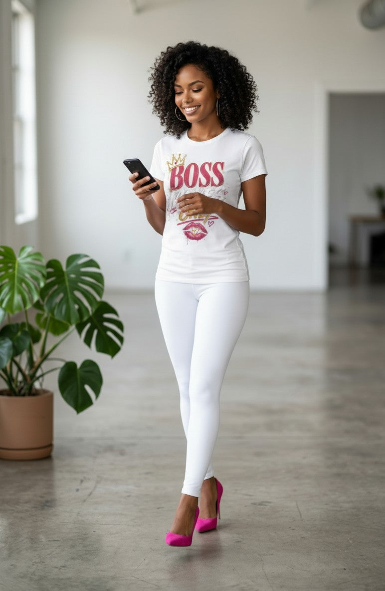 Woman in a white t-shirt with 'BOSS' text and pink shoes walking indoors.