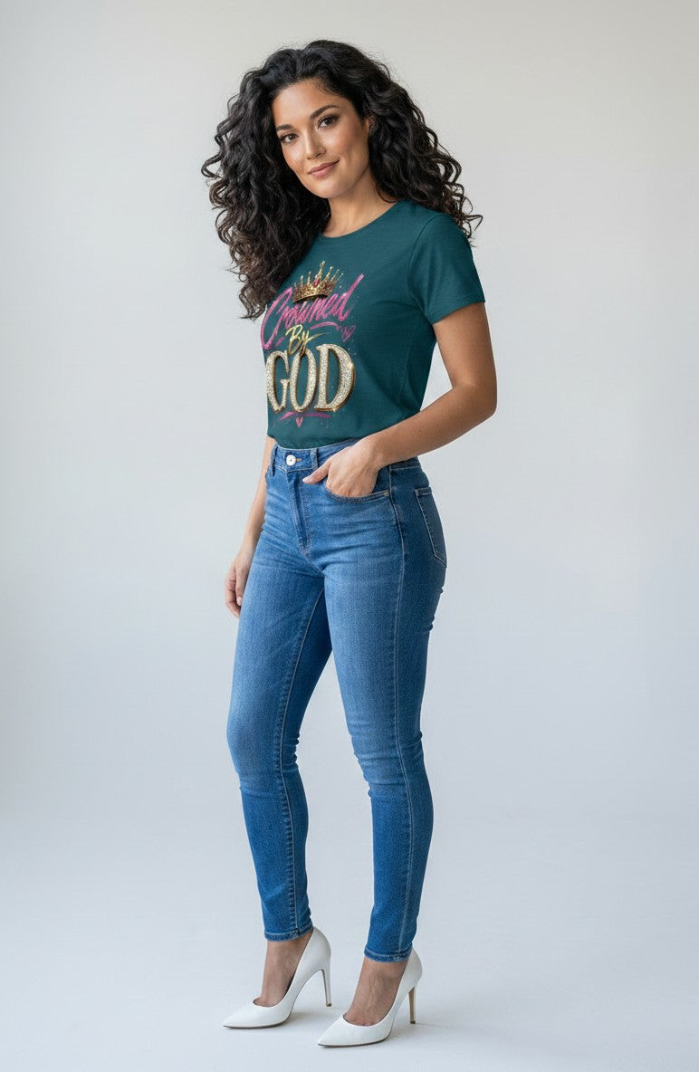 Woman wearing a teal t-shirt with 'Crowned by God' text and blue jeans on a white background