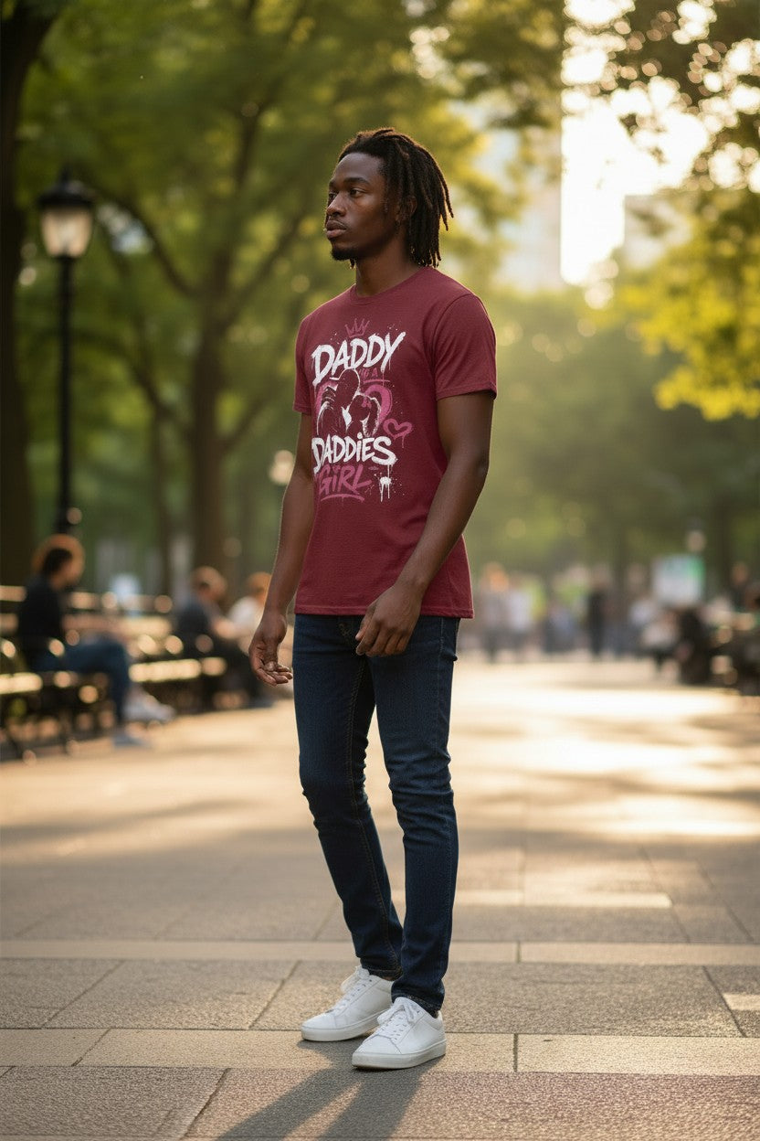 Man wearing a red t-shirt with text and graphics in an outdoor setting
