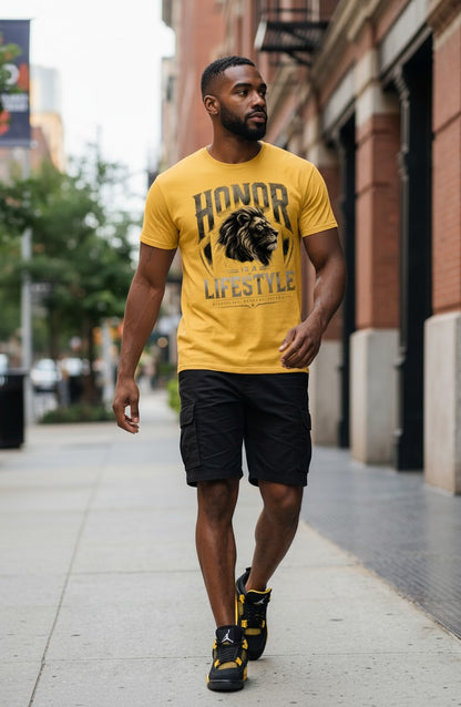 Man wearing a yellow 'Honor Lifestyle' t-shirt walking on a city street.