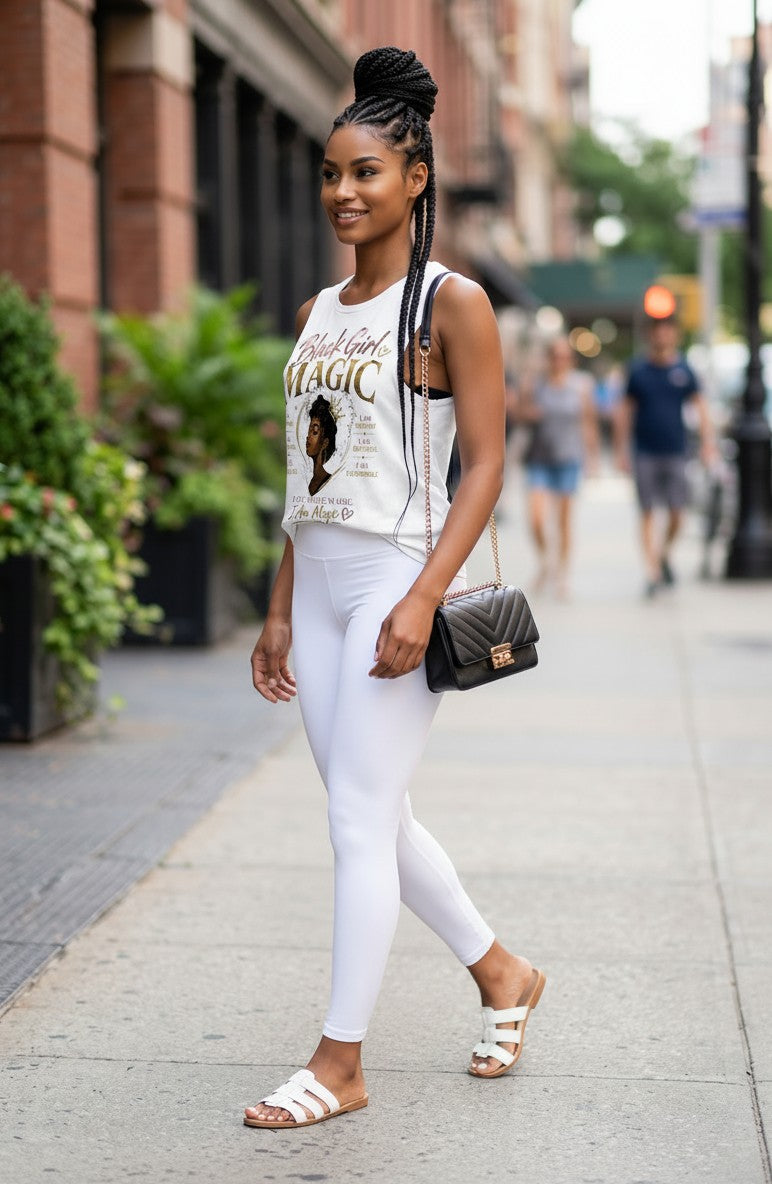 Woman walking on a sidewalk wearing a 'Black Girl Magic' tank top and white pants.