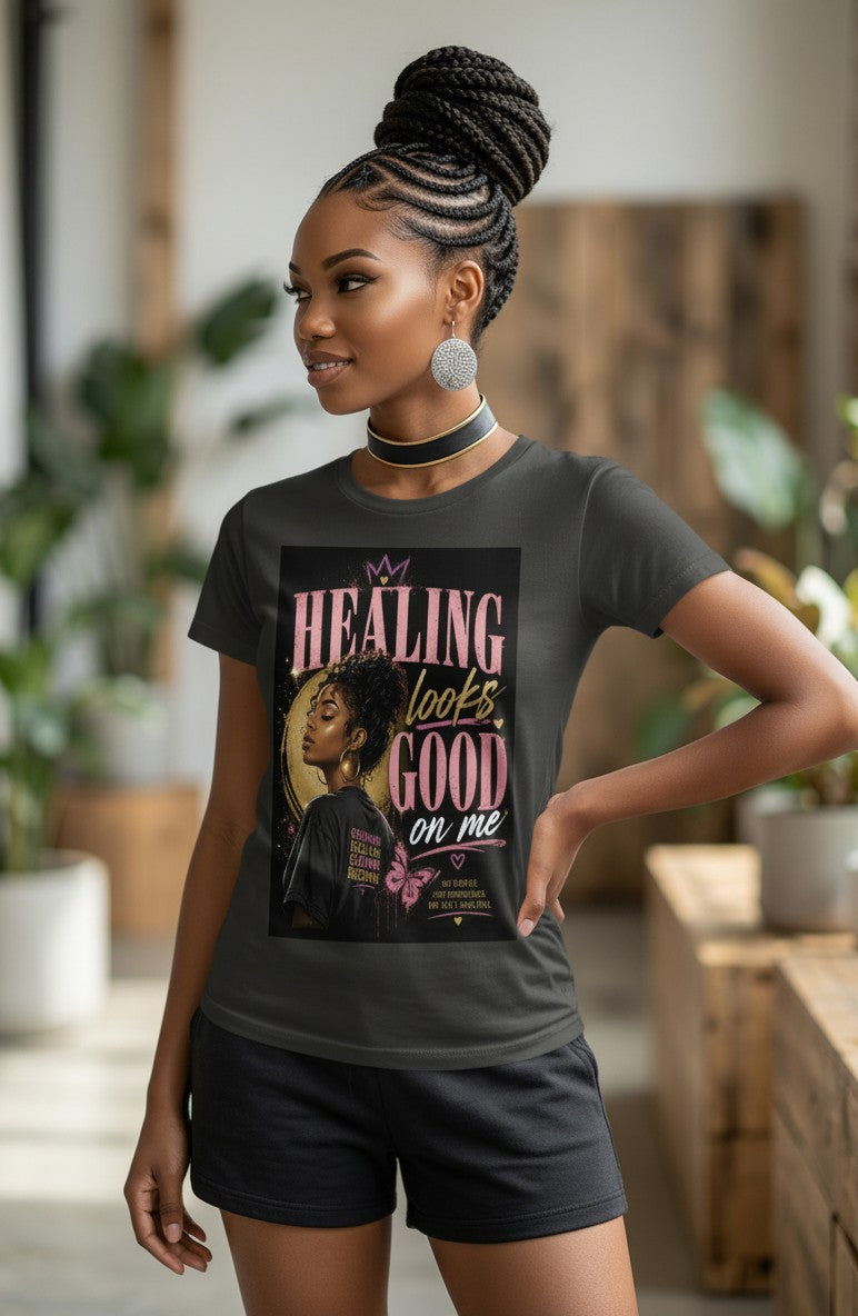 Woman wearing a black t-shirt with a graphic design and text.