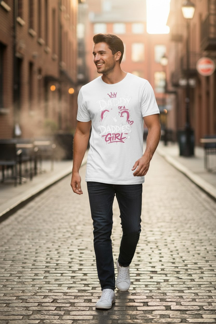 Man walking down a street wearing a white t-shirt with a graphic design.