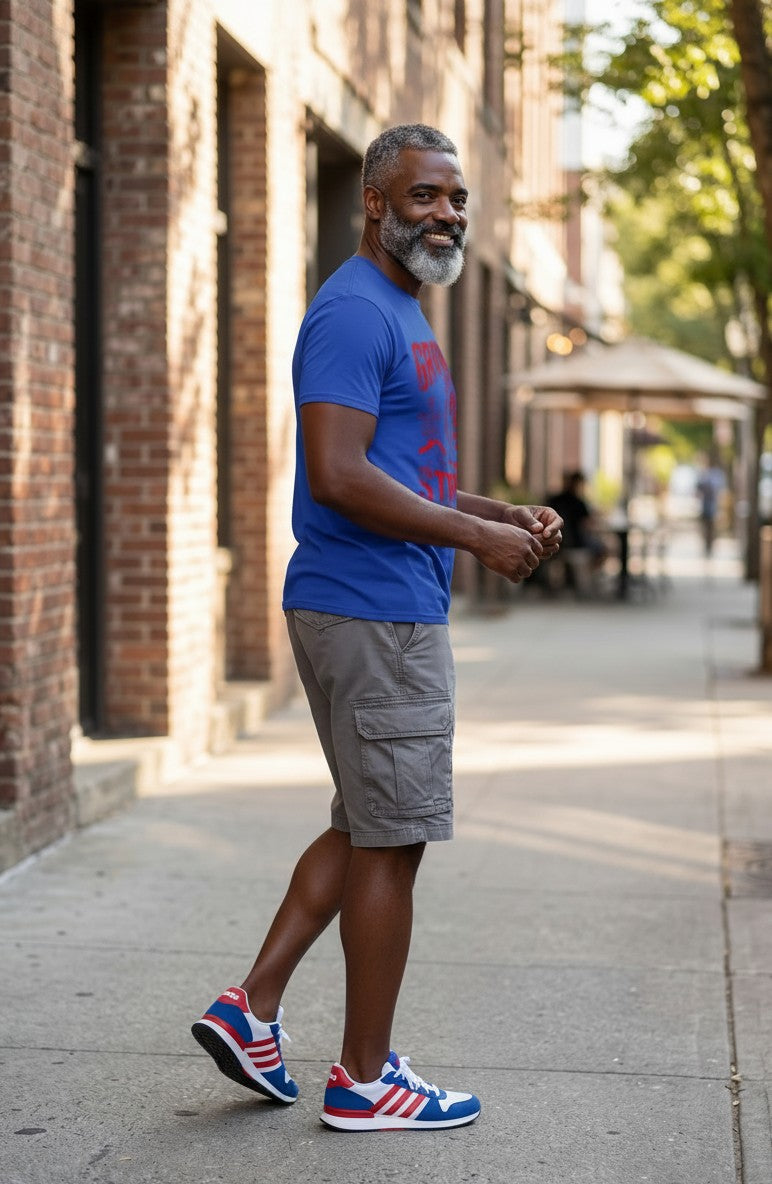 Man in blue shirt and gray shorts standing on a sidewalk with brick buildings and trees in the background.